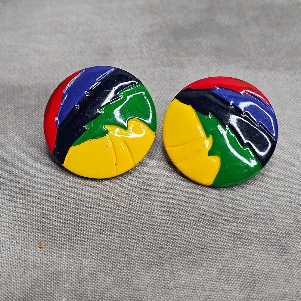 EARRINGS Vintage 80s/90s Round Stud Bold Primary Red Yellow Green Blue Nostalgia